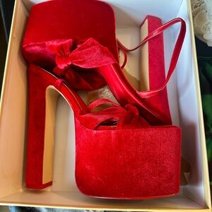 So sexy red velvet platform ribbon heels!!! Size 10